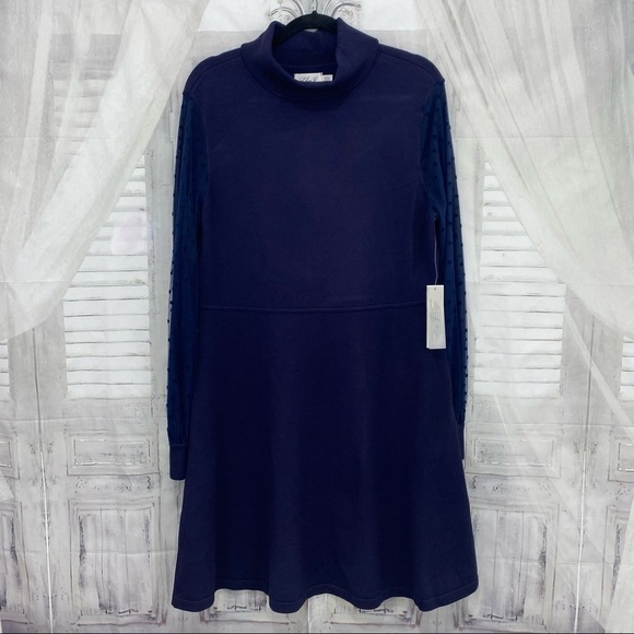 Eliza J XXL 2XL Blue Mock Neck Long Sheer Sleeve Knit Fit & Flare Sweater Dress - Picture 10 of 14